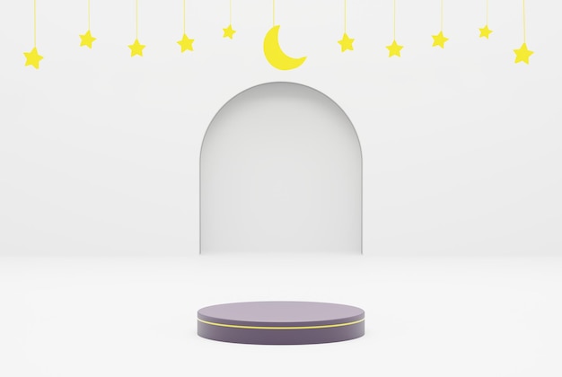 Plate-forme avec fond blanc étoile ramadan kareem et concept islamique rendu d'illustration 3d