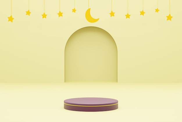 Plate-forme avec fond jaune étoile ramadan kareem concept rendu d'illustration 3d