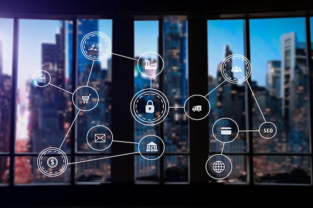 Plate-forme de gestion de données de ville intelligente avec icônes graphiques d'interface virtuelle conceptxA