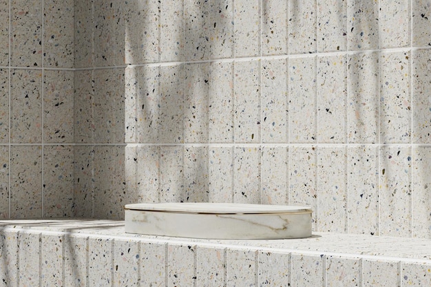 Photo plate-forme en marbre blanc avec un sommet blanc sur des carreaux de terrazzo dans une salle de bain ensoleillée 3d