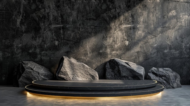 Une plate-forme en marbre noir et or entourée de rochers avec un éclairage spectaculaire