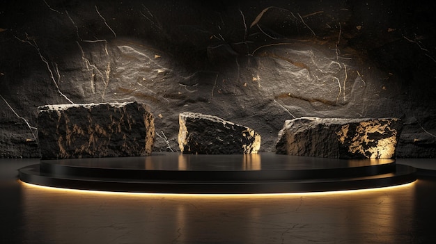Une plate-forme en marbre noir et or entourée de rochers avec un éclairage spectaculaire