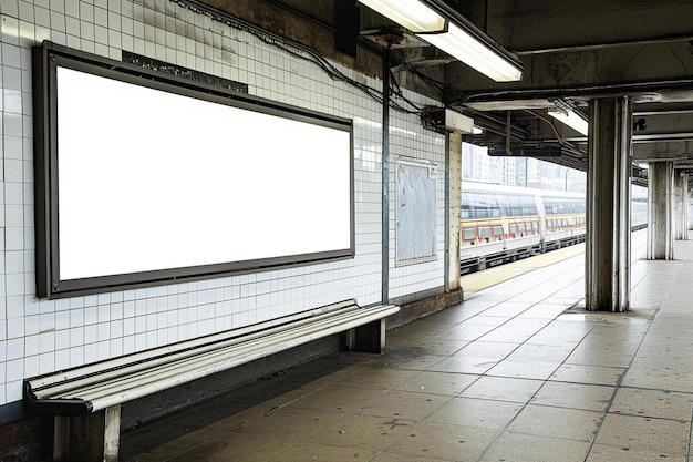 une plate-forme de métro vide avec un banc et un train en arrière-plan