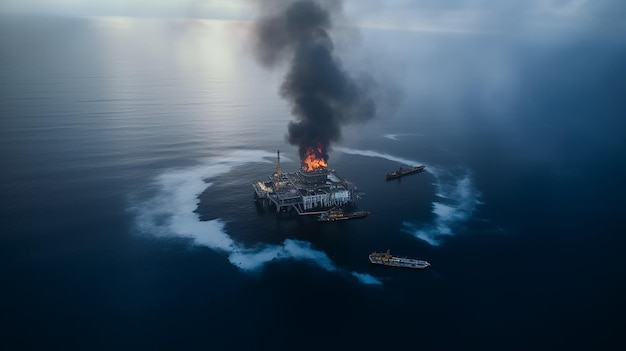 plate-forme pétrolière en feu dans la mer vue aérienne d'un drone