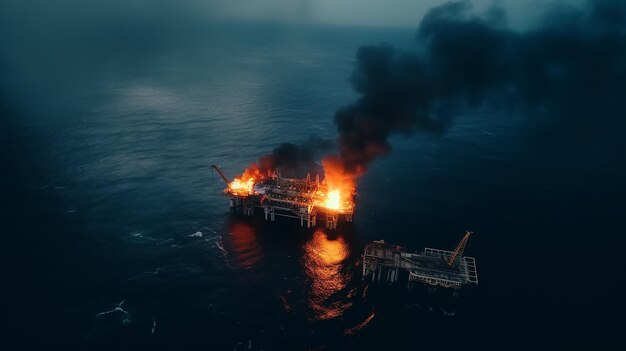 plate-forme pétrolière en feu dans la mer vue aérienne d'un drone
