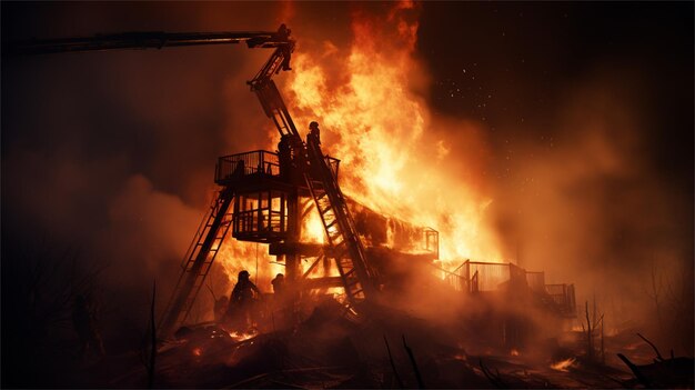 Une plate-forme pétrolière en feu la nuit avec de la fumée et du feu Concept de catastrophe