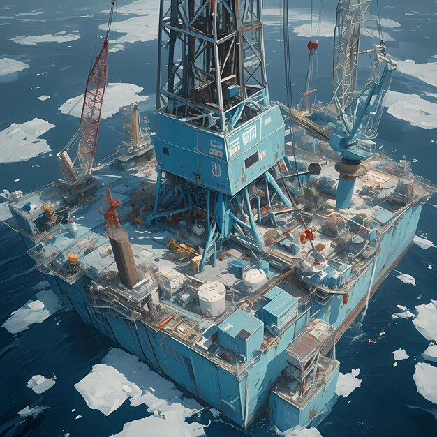 Une plate-forme pétrolière industrielle au large des côtes au milieu des flots de glace dans les eaux arctiques