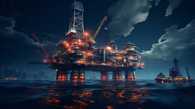 La plate-forme pétrolière offshore Jack Up Rig en mer la nuit