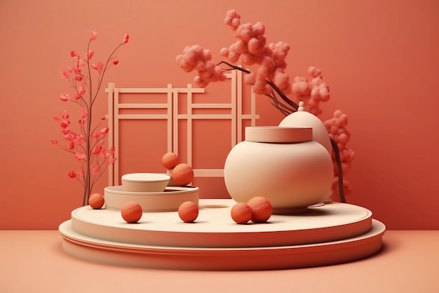 Plate-forme de podium pour les produits de couleur orange pastel avec des branches de fleurs