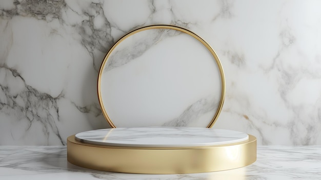 Plate-forme de présentation de produits avec une base en marbre blanc et une garniture dorée éclairée par la lumière naturelle jetant une ombre douce exude le luxe