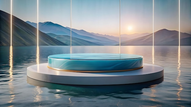 Plate-forme ronde 3D sur l'eau avec des panneaux murales en verre