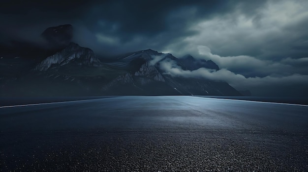 Plate-forme routière d'asphalte vide et montagne avec paysage nuageux la nuit AI générative