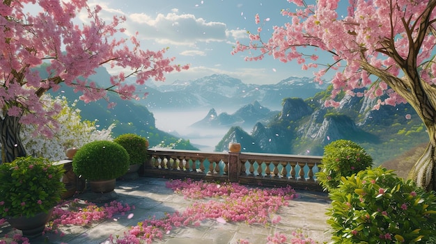Une plate-forme surplombant les montagnes sous un arbre avec des cerisiers en fleurs Table de fête de thé fleurs parfum jardin belle plante de printemps pétales végétation générée par l'IA