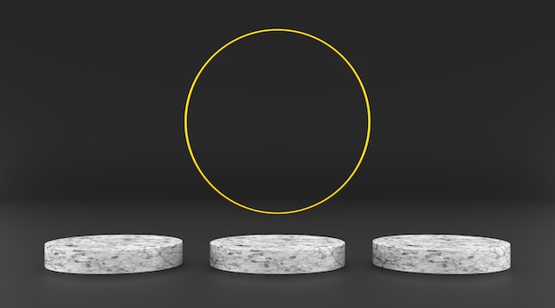 plate-forme de texture en marbre et cercle d'anneau d'or avec fond noir rendu d'illustration 3d
