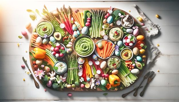 Plate de légumes pour la célébration de Pâques avec du houmous et des fleurs comestibles