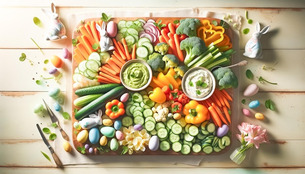 Plate de légumes pour la célébration de Pâques avec du houmous et des fleurs comestibles