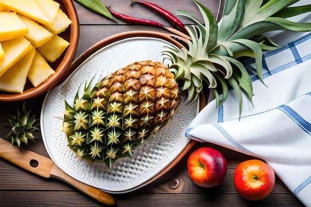 Photo un plateau d'ananas et de pommes sur une table en bois.