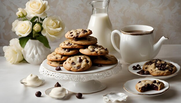 un plateau de biscuits au chocolat et du lait avec une tasse de café à côté