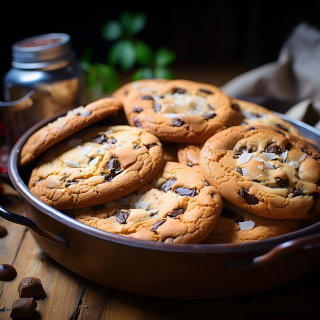 Un plateau de biscuits aux pépites de chocolat fraîchement cuits sur une table en bois rustique