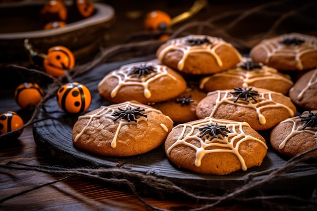 Un plateau de biscuits à la citrouille avec une toile d'araignée sur le côté