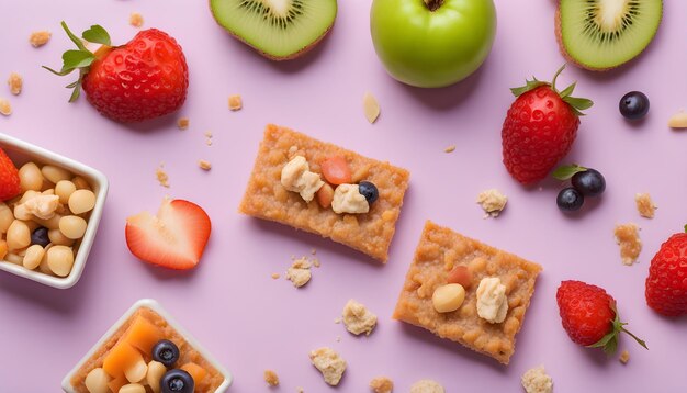 un plateau de biscuits, de fraises et de kiwis est montré avec une fraise et un kiwi