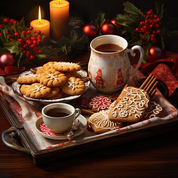 Photo un plateau de biscuits de noël une tasse de thé et une tasses de thé