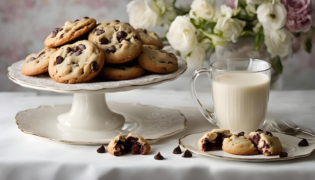 un plateau de biscuits et une tasse de lait sont sur une table