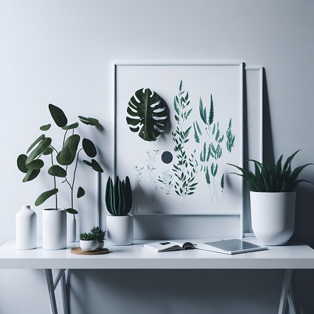 Un plateau blanc minimaliste avec des plantes vertes en pot contre un mur blanc