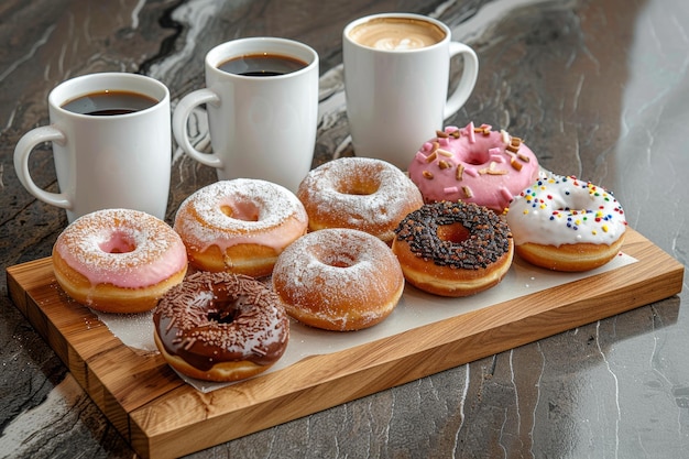 Un plateau en bois avec des beignets et des tasses à café