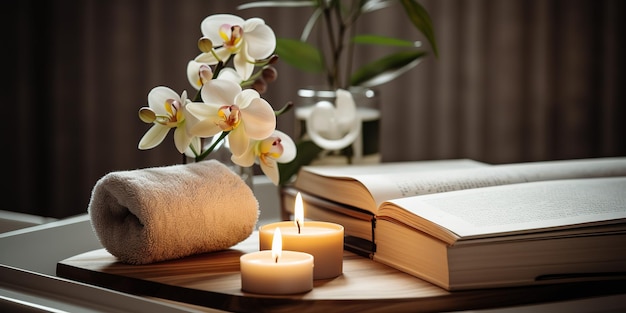 Plateau en bois avec bougies à livre ouvert et produits de soins du corps dans le bain