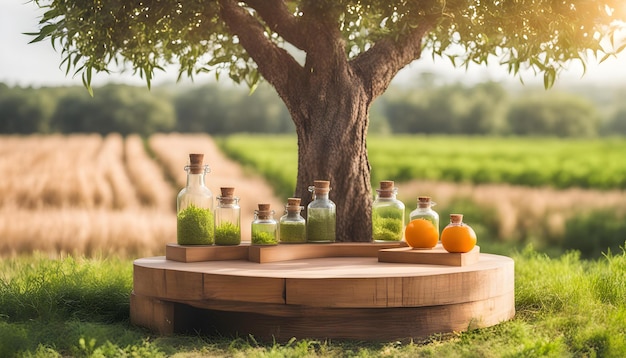 un plateau en bois avec des bouteilles d'huile d'olive et des oranges
