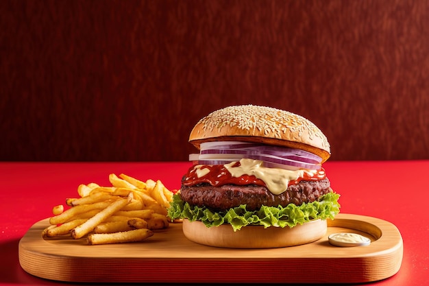 Sur un plateau en bois, un délicieux burger de bœuf frais et des frites sont placés sur une table dans un restaurant de restauration rapide avec un mur rouge en toile de fond