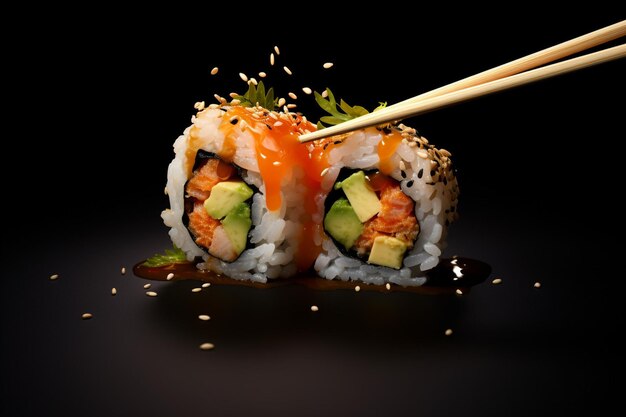 Un plateau en bois avec du sushi et des baguettes et un bol de sauce