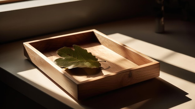 Photo un plateau en bois avec une feuille dessus