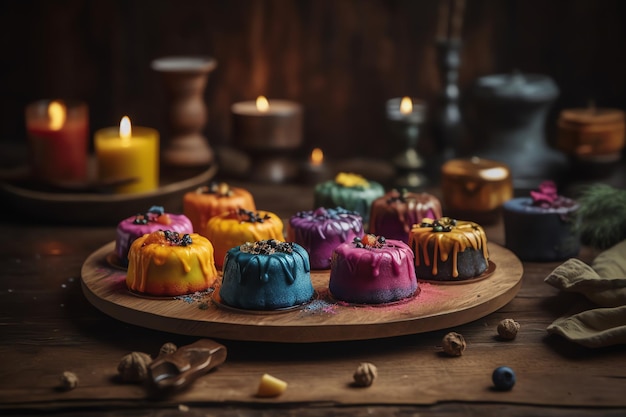 Un plateau en bois de gâteaux colorés avec des myrtilles sur le côté.