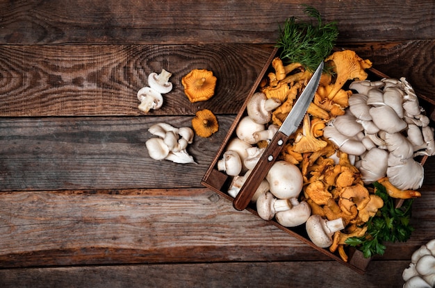 Plateau en bois avec huîtres crues et chanterelles