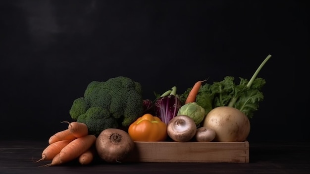 Un plateau en bois de légumes sur fond noir