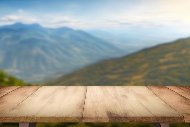 Plateau en bois avec le paysage de montagne