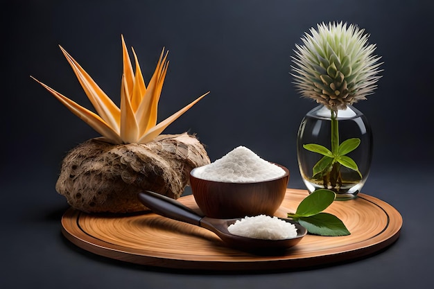 Photo un plateau en bois avec une plante et un bol de riz blanc.