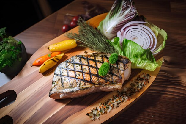 Un plateau en bois avec un saumon grillé dessus et des légumes dessus.