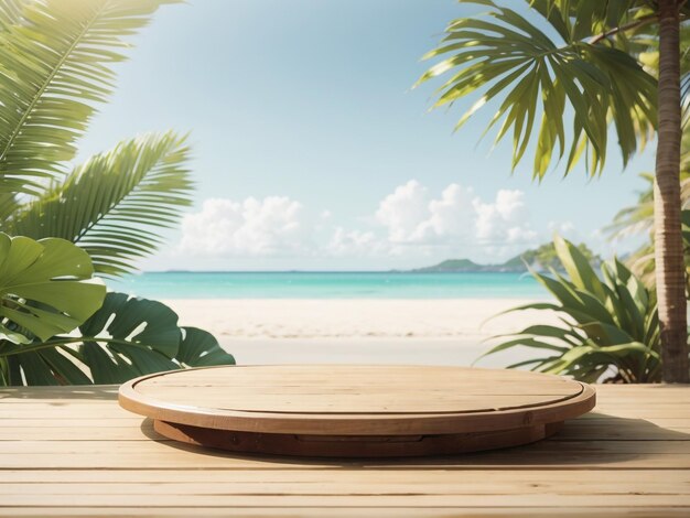 un plateau en bois sur une table avec des palmiers sur la plage