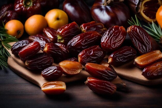 un plateau en bois avec un tas de fruits et un tas d'oranges dessus