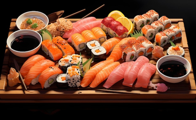 un plateau en bois avec un tas de sushi
