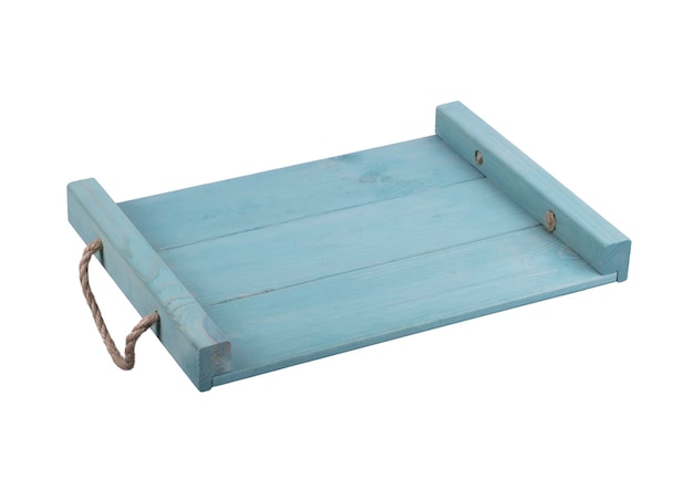 Plateau en bois turquoise sur fond blanc