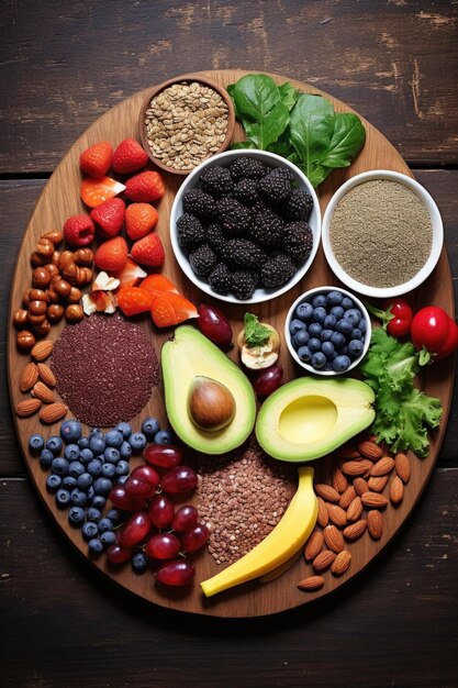 Photo un plateau en bois avec une variété de fruits et de noix, y compris des bananes et des fraises