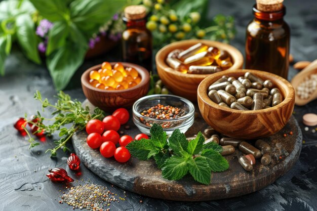 Photo un plateau en bois avec une variété d'herbes et de suppléments