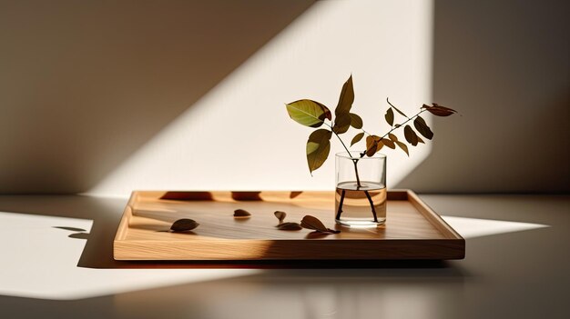 Un plateau en bois avec un verre et une plante dessus