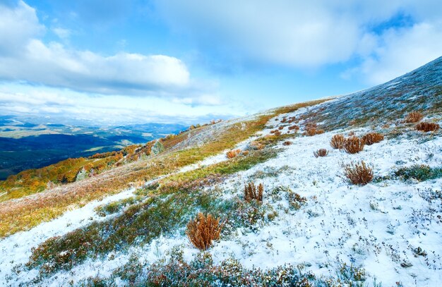 Plateau de Borghava des Carpates d'octobre avec la première neige d'hiver et les myrtilles colorées d'automne