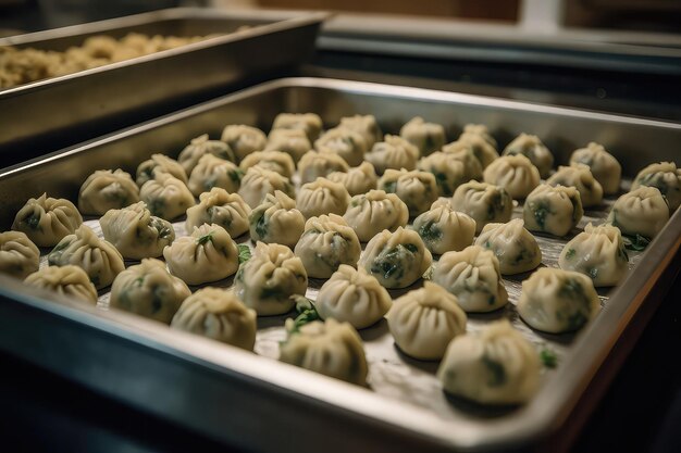 Photo plateau de boulettes salées congelées à l'azote en attente d'ia générative à la vapeur