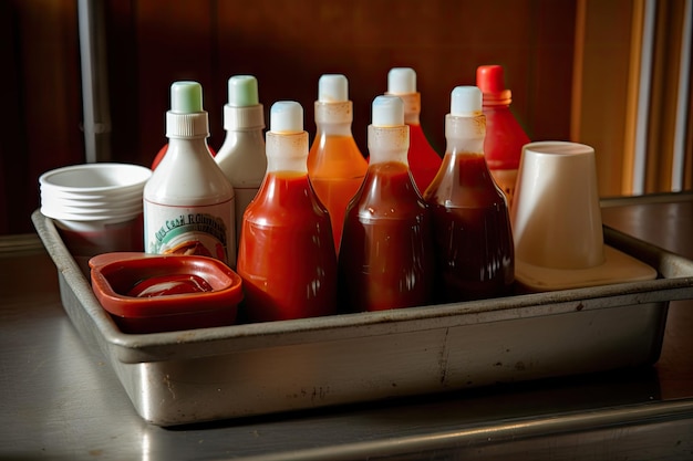 Plateau de bouteilles de ketchup et autres condiments pour dîner au volant ou joint de burger